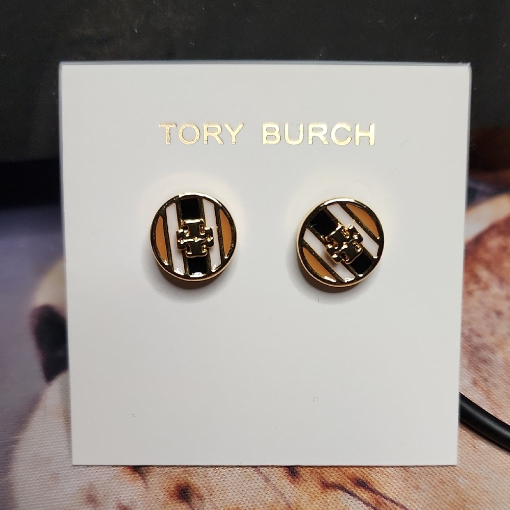 Tory Burch Gold and Black Striped Earrings